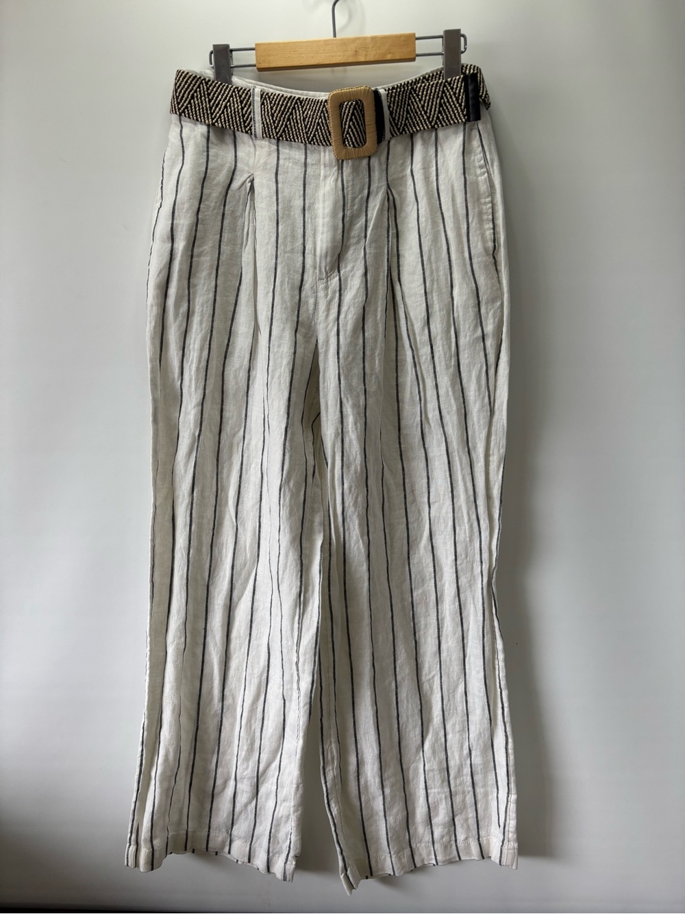Joie White Linen-Blend Striped Wide-Leg Pants with Woven Belt NWOT